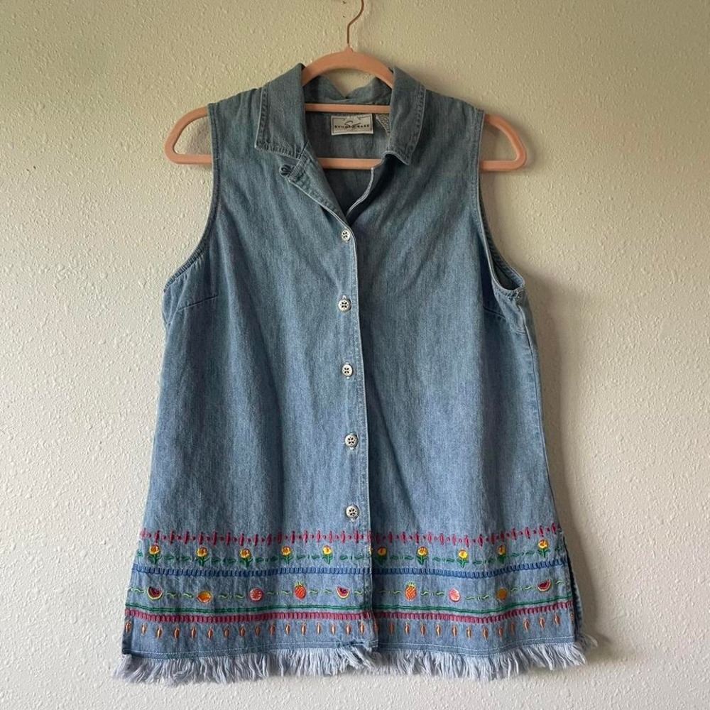 Vintage 90s Denim Embroidered Vest and Pants Set - Picture 2 of 7